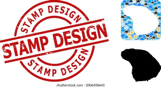 Weather pattern map of Lanai Island, and textured red round Stamp Design stamp. Geographic vector mosaic map of Lanai Island is constructed as hole from rounded square and scattered rain, cloud, sun,