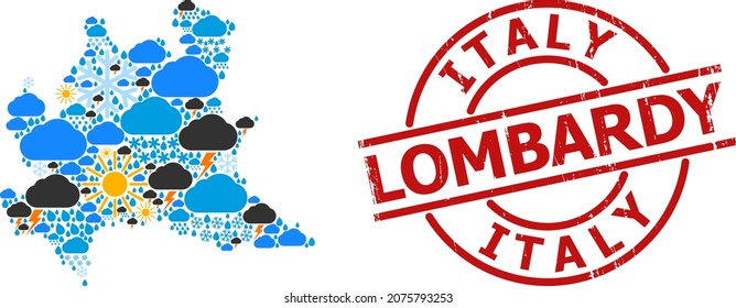 Weather pattern map of Lombardy region, and scratched red round seal. Geographic vector composition map of Lombardy region is created from random rain, cloud, sun, thunderstorm icons.