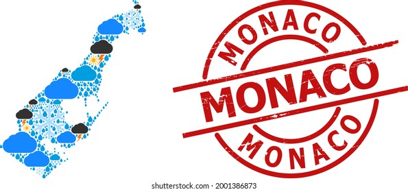 Weather pattern map of Monaco, and distress red round stamp seal. Geographic vector concept map of Monaco is constructed with scattered rain, cloud, sun, thunderstorm icons.