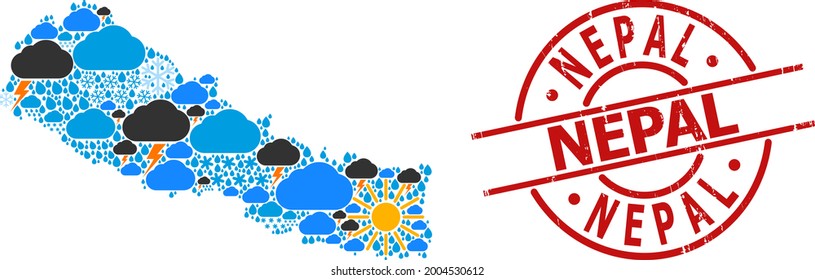 Weather pattern map of Nepal, and scratched red round badge. Geographic vector concept map of Nepal is done from scattered rain, cloud, sun, thunderstorm symbols.