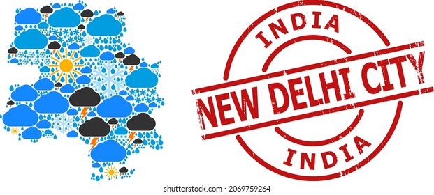 Weather pattern map of New Delhi City, and distress red round badge. Geographic vector mosaic map of New Delhi City is created from randomized rain, cloud, sun, thunderstorm.