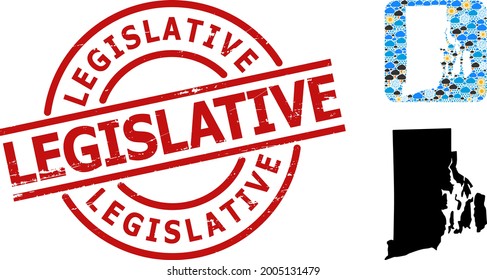 Weather pattern map of Rhode Island State, and scratched red round Legislative stamp. Geographic vector mosaic map of Rhode Island State is combined as hole from rounded square and scattered rain,