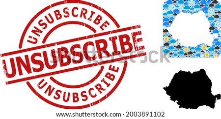 Weather pattern map of Romania, and distress red round Unsubscribe stamp seal. Geographic vector composition map of Romania is done as hole from rounded square and random rain, cloud, sun,