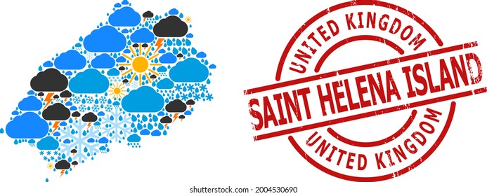 Weather pattern map of Saint Helena Island, and distress red round badge. Geographic vector concept map of Saint Helena Island is combined from random rain, cloud, sun, thunderstorm.
