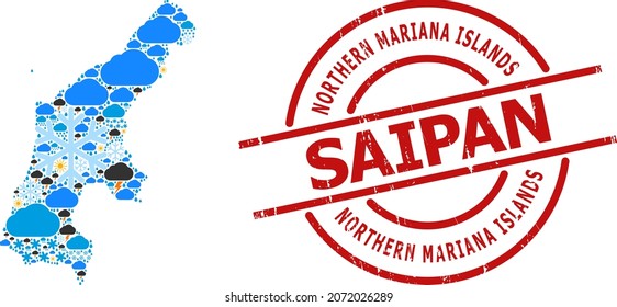 Weather pattern map of Saipan Island, and distress red round stamp. Geographic vector composition map of Saipan Island is created from random rain, cloud, sun, thunderstorm items.