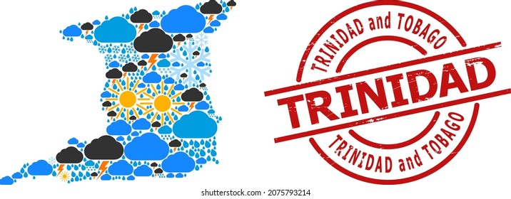 Weather pattern map of Trinidad Island, and rubber red round stamp seal. Geographic vector mosaic map of Trinidad Island is done with random rain, cloud, sun, thunderstorm.