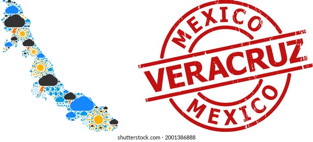 Weather pattern map of Veracruz State, and textured red round stamp seal. Geographic vector concept map of Veracruz State is constructed from random rain, cloud, sun, thunderstorm symbols.