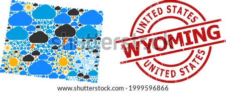 Weather pattern map of Wyoming State, and rubber red round seal. Geographic vector collage map of Wyoming State is done from random rain, cloud, sun, thunderstorm icons.