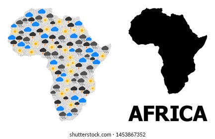 Weather pattern vector map of Africa. Geographic composition map of Africa is organized with scattered rain, cloud, sun, thunderstorm items. Vector flat illustration for weather news.