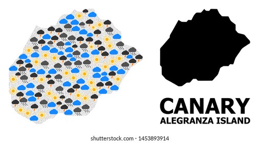 Weather pattern vector map of Alegranza Island. Geographic collage map of Alegranza Island is done with random rain, cloud, sun, thunderstorm icons.