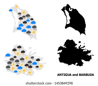 Weather pattern vector map of Antigua and Barbuda. Geographic concept map of Antigua and Barbuda is designed with scattered rain, cloud, sun, thunderstorm.