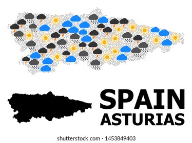 Weather pattern vector map of Asturias Province. Geographic composition map of Asturias Province is organized from random rain, cloud, sun, thunderstorm items.