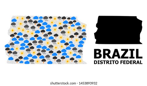 Weather pattern vector map of Brazil - Distrito Federal. Geographic collage map of Brazil - Distrito Federal is constructed from scattered rain, cloud, sun, thunderstorm items.