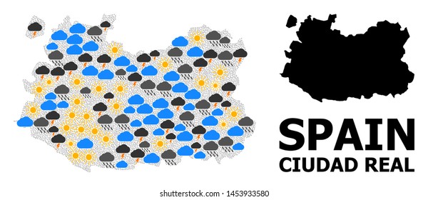 Weather pattern vector map of Ciudad Real Province. Geographic mosaic map of Ciudad Real Province is composed from random rain, cloud, sun, thunderstorm. Vector flat illustration for weather forecst.