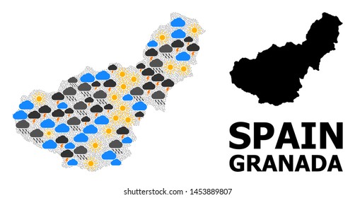 Weather pattern vector map of Granada Province. Geographic collage map of Granada Province is done with scattered rain, cloud, sun, thunderstorm icons. Vector flat illustration for weather forecst.