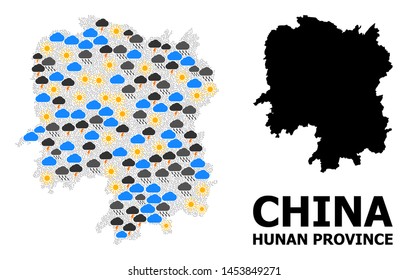 Weather pattern vector map of Hunan Province. Geographic mosaic map of Hunan Province is constructed from scattered rain, cloud, sun, thunderstorm items. Vector flat illustration for weather forecst.