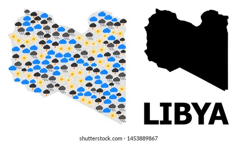 Weather pattern vector map of Libya. Geographic collage map of Libya is constructed with random rain, cloud, sun, thunderstorm symbols. Vector flat illustration for weather news.