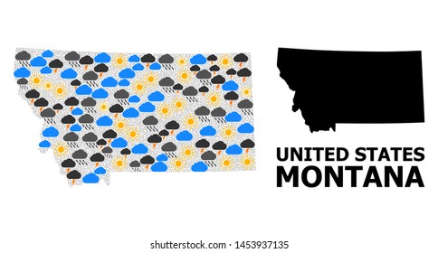 Weather pattern vector map of Montana State. Geographic concept map of Montana State is organized from scattered rain, cloud, sun, thunderstorm. Vector flat illustration for weather news.