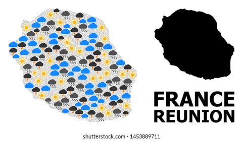 Weather pattern vector map of Reunion Island. Geographic mosaic map of Reunion Island is composed from randomized rain, cloud, sun, thunderstorm symbols. Vector flat illustration for weather forecst.