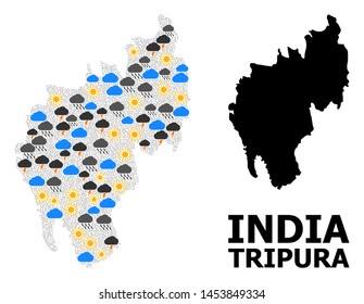Weather pattern vector map of Tripura State. Geographic composition map of Tripura State is designed with randomized rain, cloud, sun, thunderstorm elements. Vector flat illustration for weather news.