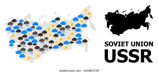 Weather pattern vector map of USSR. Geographic concept map of USSR is created with random rain, cloud, sun, thunderstorm icons. Vector flat illustration for weather news.