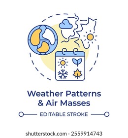 Weather patterns and air masses multi color concept icon. Region climate experience. Atmospheric phenomena. Round shape line illustration. Abstract idea. Graphic design. Easy to use in presentation