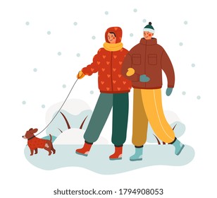 Weather and people concept with a young couple out walking their dog in winter snow conceptual of the seasons, colored vector illustration