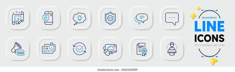 Weather phone, Approved and Text message line icons for web app. Pack of Burger, Confirmed, Energy pictogram icons. Reject certificate, Brand ambassador, Card signs. Cloud computing. Vector