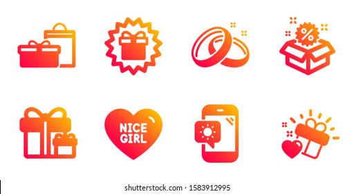 Weather phone, Nice girl and Wedding rings line icons set. Surprise package, Sale and Surprise gift signs. Gifts, Love gift symbols. Travel device, Love heart. Holidays set. Vector