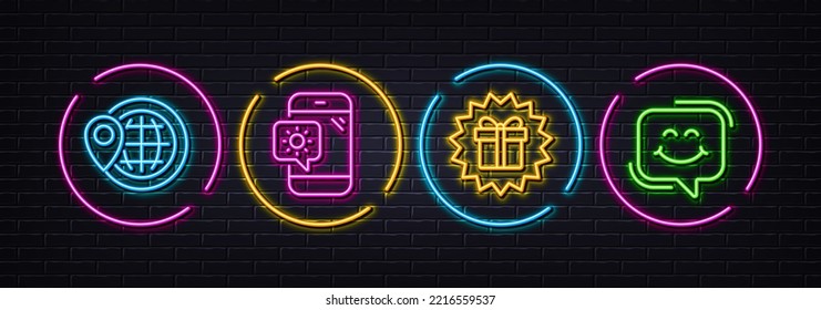 Weather phone, World travel and Surprise gift minimal line icons. Neon laser 3d lights. Smile chat icons. For web, application, printing. Travel device, Map pointer, Shopping offer. Happy face. Vector