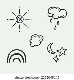 Weather pictogram, hand drawn icon set, doodle black stroke, cartoon childish style isolated elements. Vector illustration