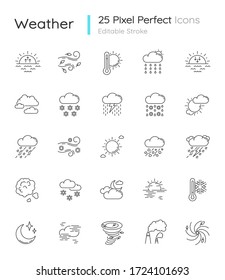 Weather pixel perfect linear icons set. Meteorological forecast customizable thin line contour symbols. Sky condition prediction. Isolated vector outline illustrations. Editable stroke