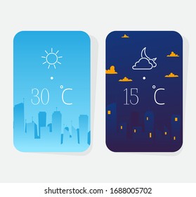 Weather poster, concept night and day result megapolis background, isolated on white, flat vector illustration. Meteorological forecast for city, design banner, atmospheric prediction.