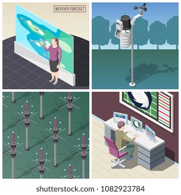 Weather prediction, forecaster at work, wind measurement device, reflectors of radio signals, isometric concept isolated vector illustration