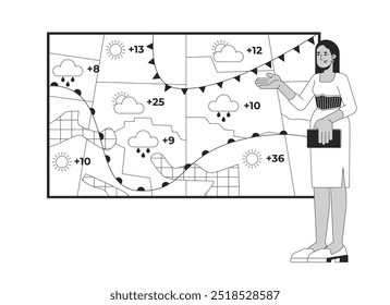 Apresentador de tempo mulher previsão de precipitações, temperatura preto e branco 2D caractere linha. Meteorologista fêmea relatando notícias vetor isolado delinear pessoa. Ilustração de ponto monocromático