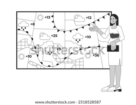 Weather presenter woman forecasting precipitations, temperature black and white 2D line character. Female meteorologist reporting news isolated vector outline person. Monochromatic spot illustration