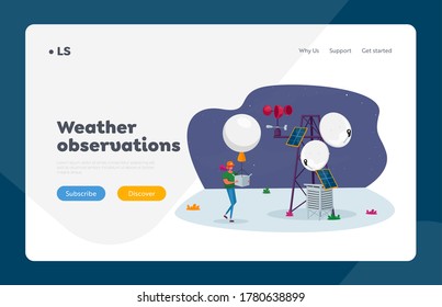 Weather Radiosonde Landing Page Template. Female Character With Meteorology Probe Air Balloon On Meteo Station. Research, Probing, Monitoring Of Satellite Measurement. Cartoon Vector Illustration