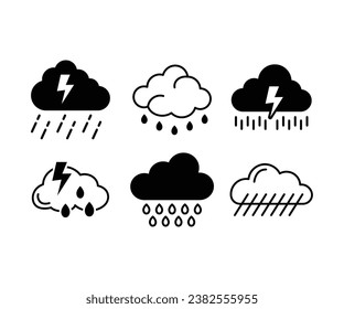 weather rain cloud lightning and raindrops icons vector design simple black white line modern element collections set