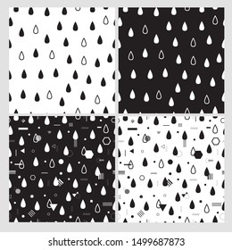 Weather, rain. Seamless patterns with cute decorative drops. All elements are  hidden under mask. Patterns are not cropped and can be edited