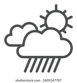 Weather with rainy clouds and sun line icon, tropical voyage concept. Vector graphics. Cloudy weather sky sign on white background, outline style icon for mobile or web design