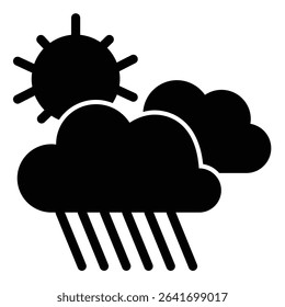 Weather with rainy clouds and sun solid icon, tropical voyage concept. Vector graphics. Cloudy weather sky sign on white background, style mobile or design
