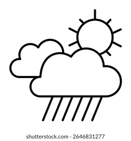 Clima com nuvens chuvosas e ícone de linha fina do sol, conceito de viagem tropical. Gráficos vetoriais. Sinal de céu nublado no fundo branco, estilo móvel ou design