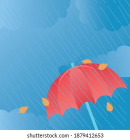 weather rainy wind umbrella and leaves blue background vector illustration