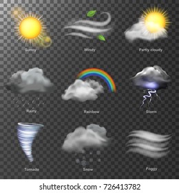 Weather realistic 3d icons vector. set Sun, cloud, rainbow, storm wind