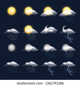 Weather realistic icon. Clouds sun rain wind snow vector weather symbols