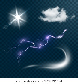 Weather realistic icons set isolated on transparent dark background vector illustration