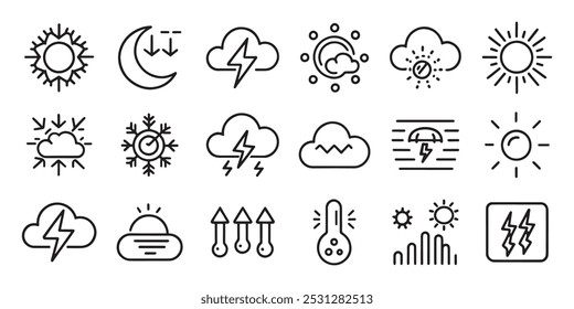 Weather related editable stroke outline icons set isolated flat vector illustration on white background