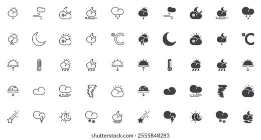 Weather related icon set, line and glyph version, outline and filled vector sign. Forecast weather linear and full pictogram. Symbol logo illustration. Set include icons as temperature thermometer