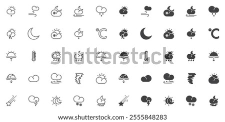 Weather related icon set, line and glyph version, outline and filled vector sign. Forecast weather linear and full pictogram. Symbol logo illustration. Set include icons as temperature thermometer