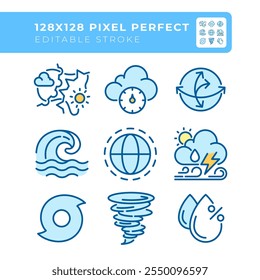 Weather related RGB color icons set. Weather fronts. Atmospheric pressure. Hurricanes, tornadoes and storms. Isolated vector illustrations. Simple filled line drawings collection. Editable stroke